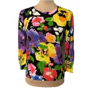 Ralph Lauren Knit Sweater Lightweight Soft Silky Colorful Floral Medium Preppy